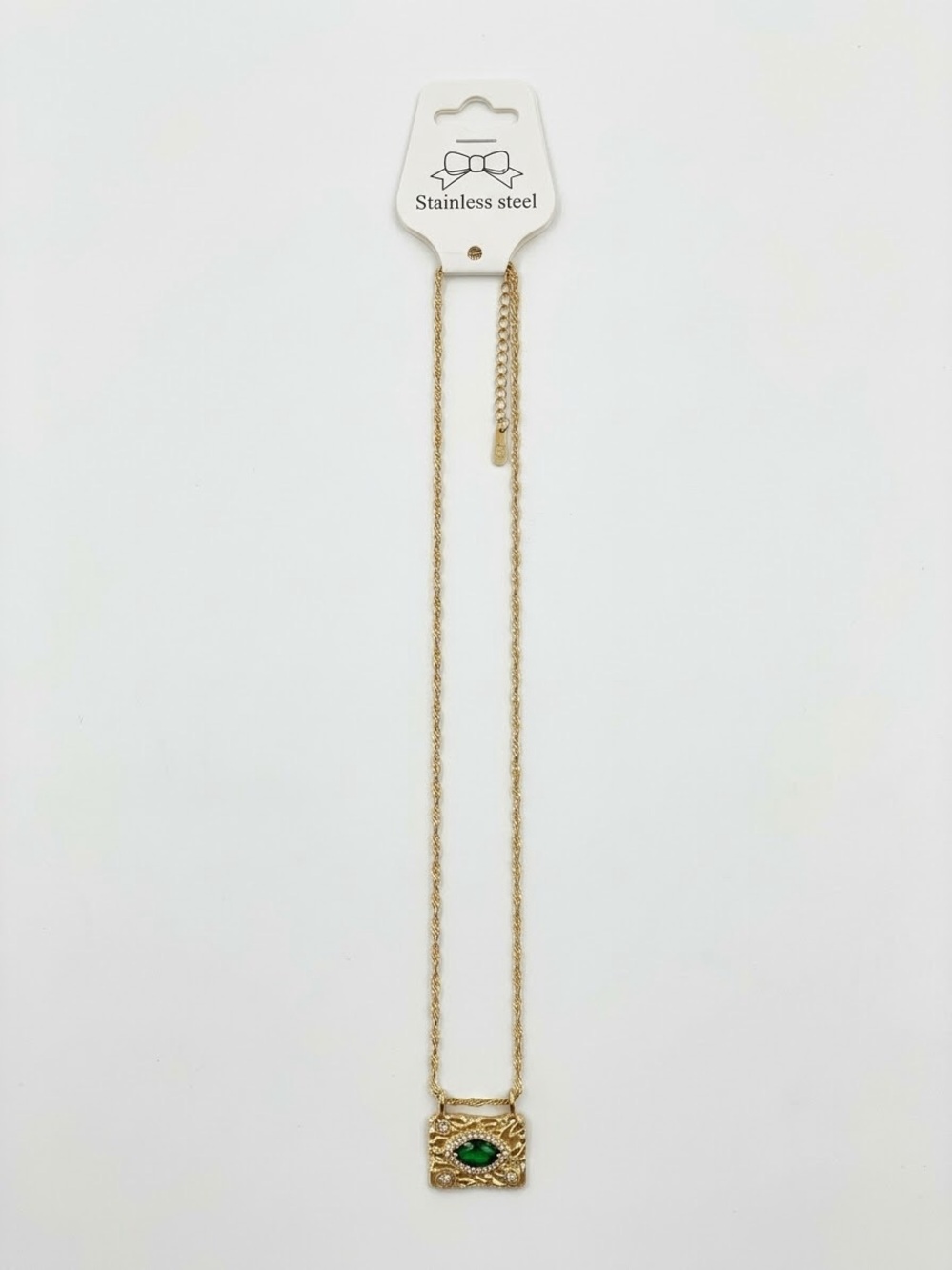 Gold Stainless Steel Necklace with Green Gem Pendant
